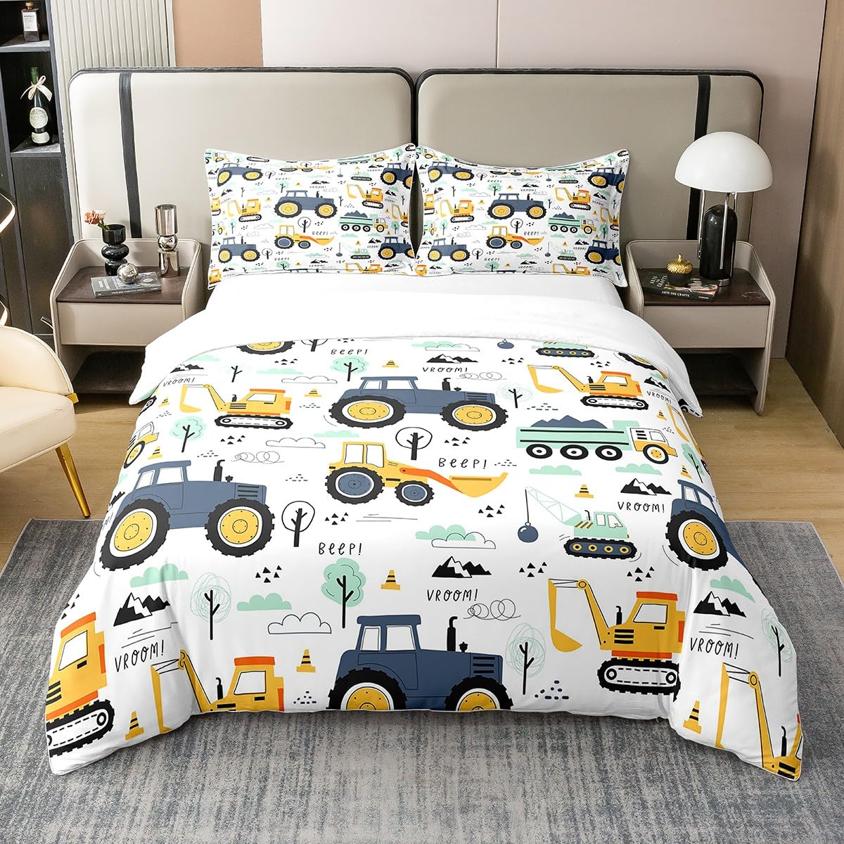 100% Cotton Kids Construction Bedding Sets for Boys,Cartoon Car Excavator Tractor Comforter Cover Single,Cute Equipment Trucks Duvet Cover for Toddler Teen Room Decor Yellow Blue Vehicle Quilt Cover