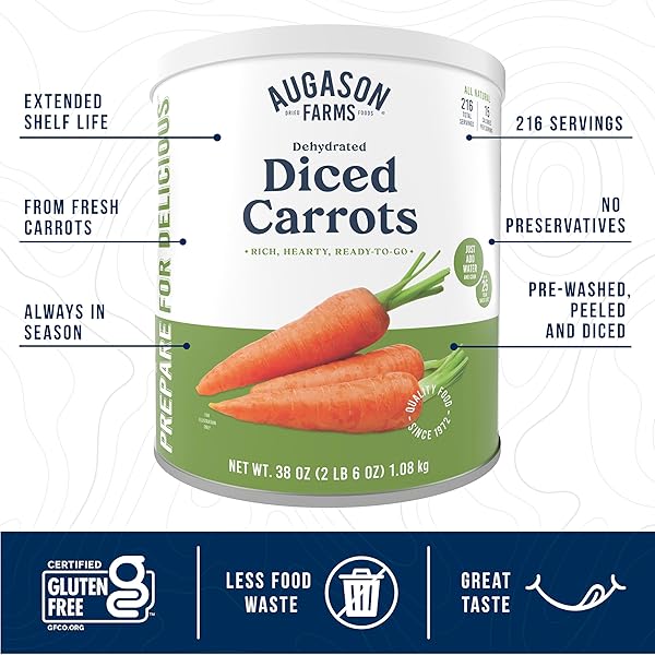AUGASON FARMS DEHYDRATED DICED CARROTS EMERGENCY FOOD SUPPLY, 216 SERVINGS, 25 YEAR SHELF LIFE, GREAT FOR COOKING, BAKING, AND SNACKS – DEHYDRATED MEALS, SURVIVAL FOOD CAMPING ESSENTIALS CAN