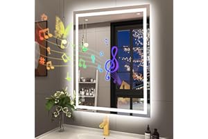 STARLEAD Led-Bathroom-Mirror-with-Lights, 28"x36" Wall-Mounted with 3 Colors Dimmable Light, Bluetooth Speaker, Anti-Fog, Memory, Tempered Glass, Front & Backlit (Horizontal/Vertical)