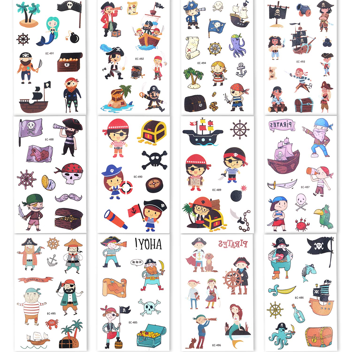 Konsait 107 Pcs Kids Tattoos Pirate Temporary Tattoos for Girls Boys Kids Party Bag Filler Children's Birthday Gift Pirate Party Supplies Favors