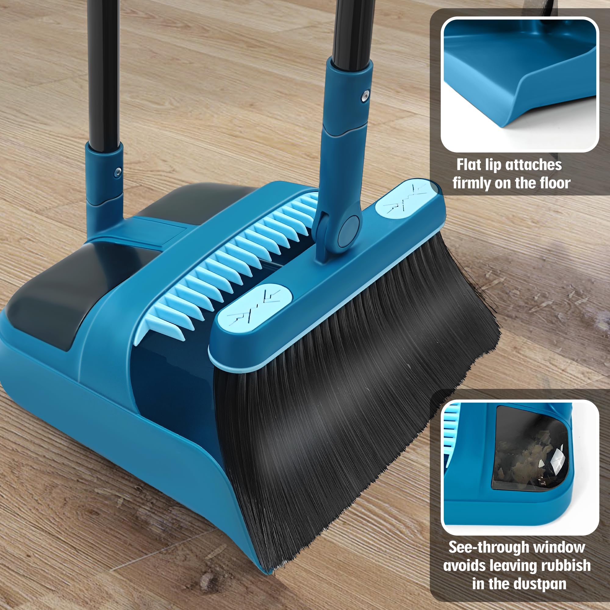 JEHONN Dustpan and Brush Set, 54 inches Long Handle Swivel Broom, Upright Foldable Dust Pan with Comb Teeth for Home Kitchen Lobby Indoor Floor Cleaning(Blue)