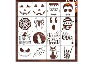 MYJMN Halloween Stencils for Painting on Wood Crafts, Reusable Large Pumpkin Happy Halloween Hey Boo Spider Web Trick or Treat Witch Stencils for Walls Door Hanger Sign DIY Ornament (16 Halloween Face)