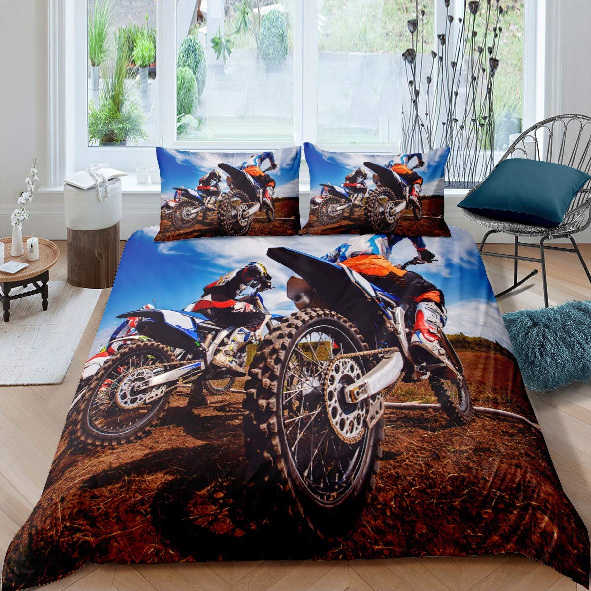 3D Dirt Bike Comforter Cover Set Extreme Sport Duvet Cover for Kids Boys Youth Teens Motorcycle Pattern Bedding Set Motocross Rider illustration Bedroom Decor 3Pcs Quilt Cover Double