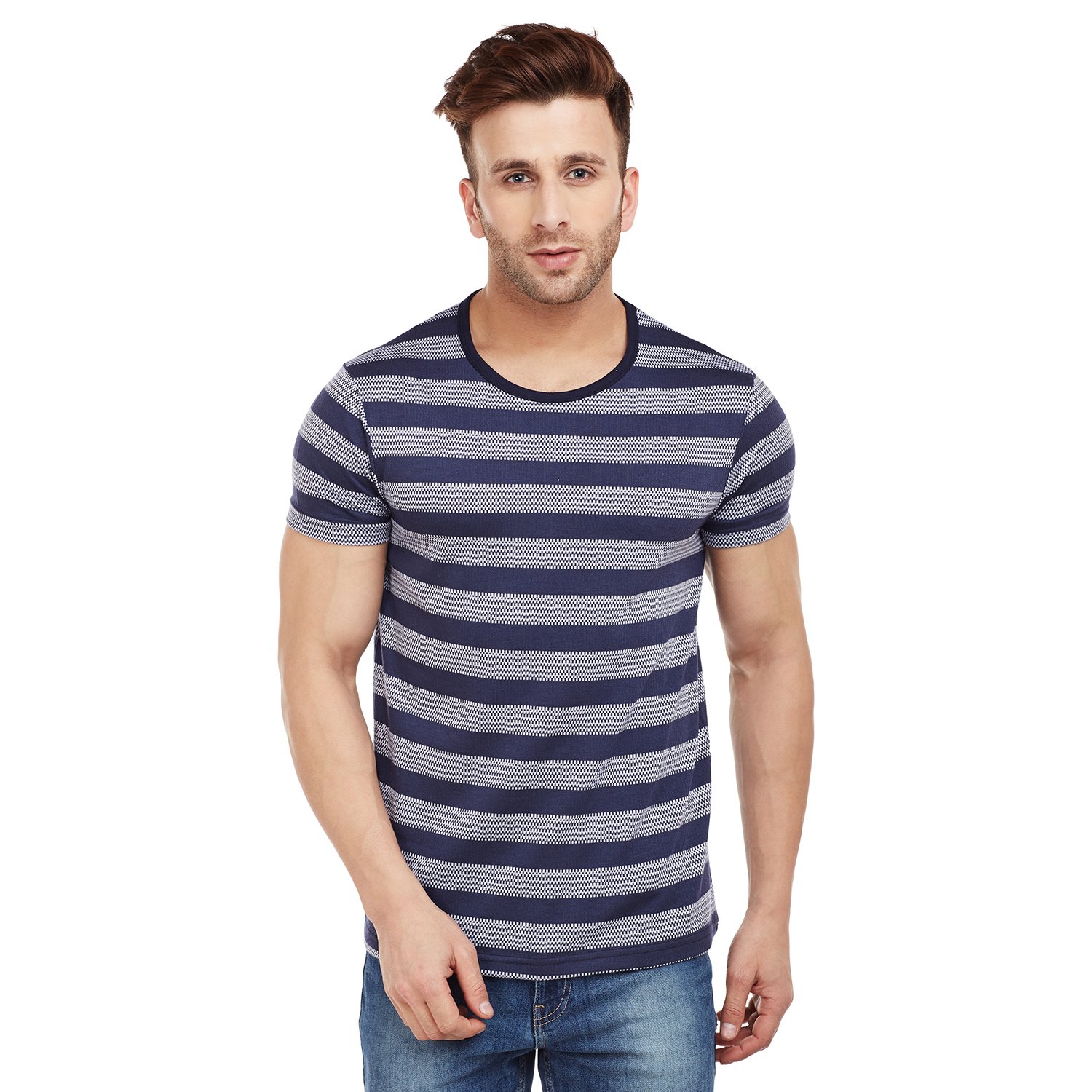 vimal black striped round neck tshirt for men