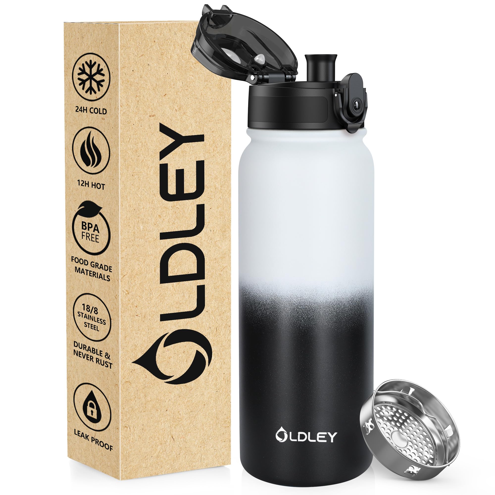 OLDLEY 600ml/20oz Stainless Steel Water Bottle Double Walled Vacuum Flask Keeps Drink Hot and Cold Leakproof BPA Free 600ML Metal Insulated Water Bottle for Sport School Work Hiking (White Black)