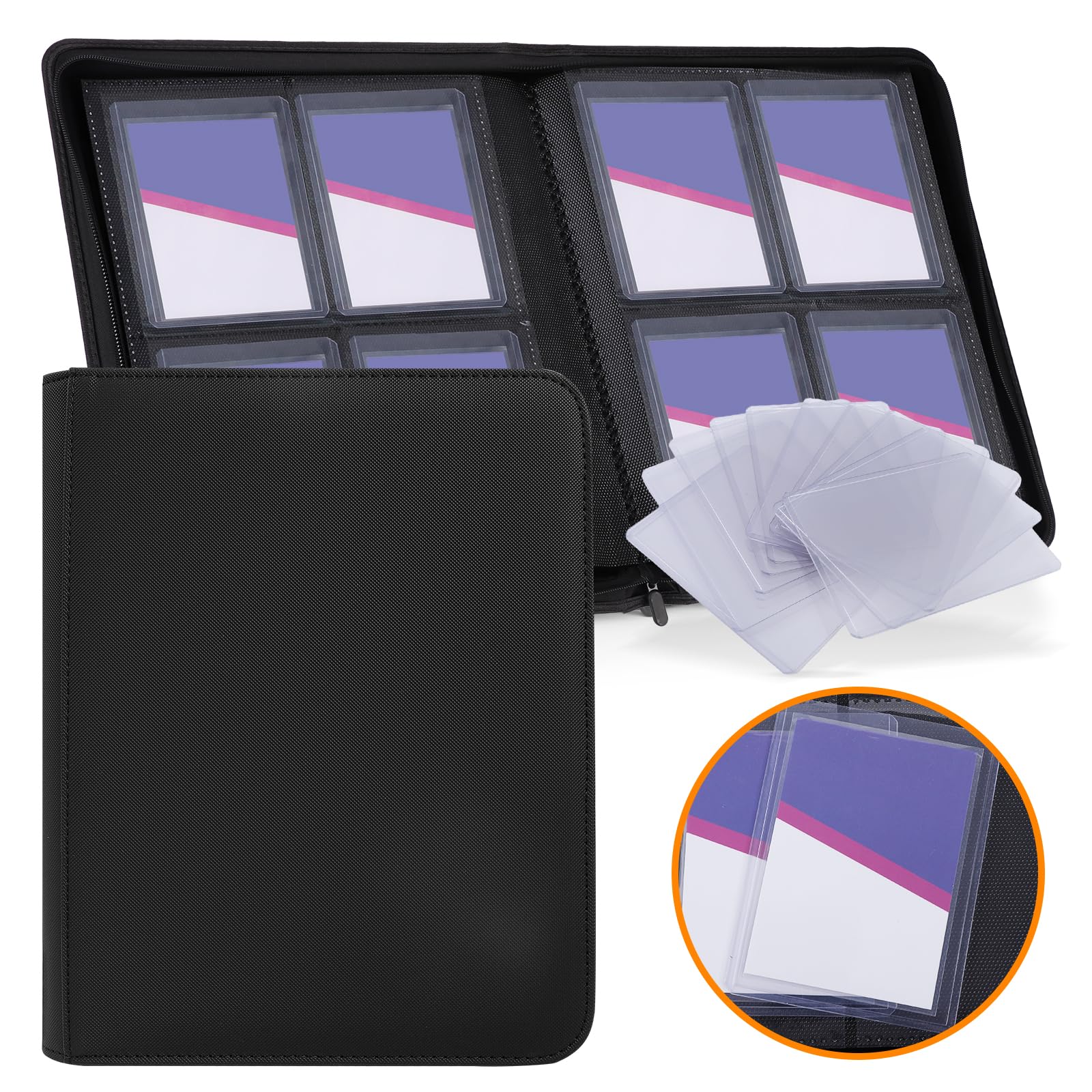 Photo 1 of Zettokete Top Loader Binder 4 Pocket Holds 96 Cards, Toploader Binder Fit for 3" x 4" Top Loader, Trading Card Holder Album Fit for MTG, Yugioh, TCG, Sports Cards, 10 Toploaders Included, Black