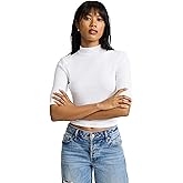 EXPRESS Women’s Ribbed Mock Neck Tee – Elbow Sleeve Stretch Knit Top with Fitted Layering Comfort