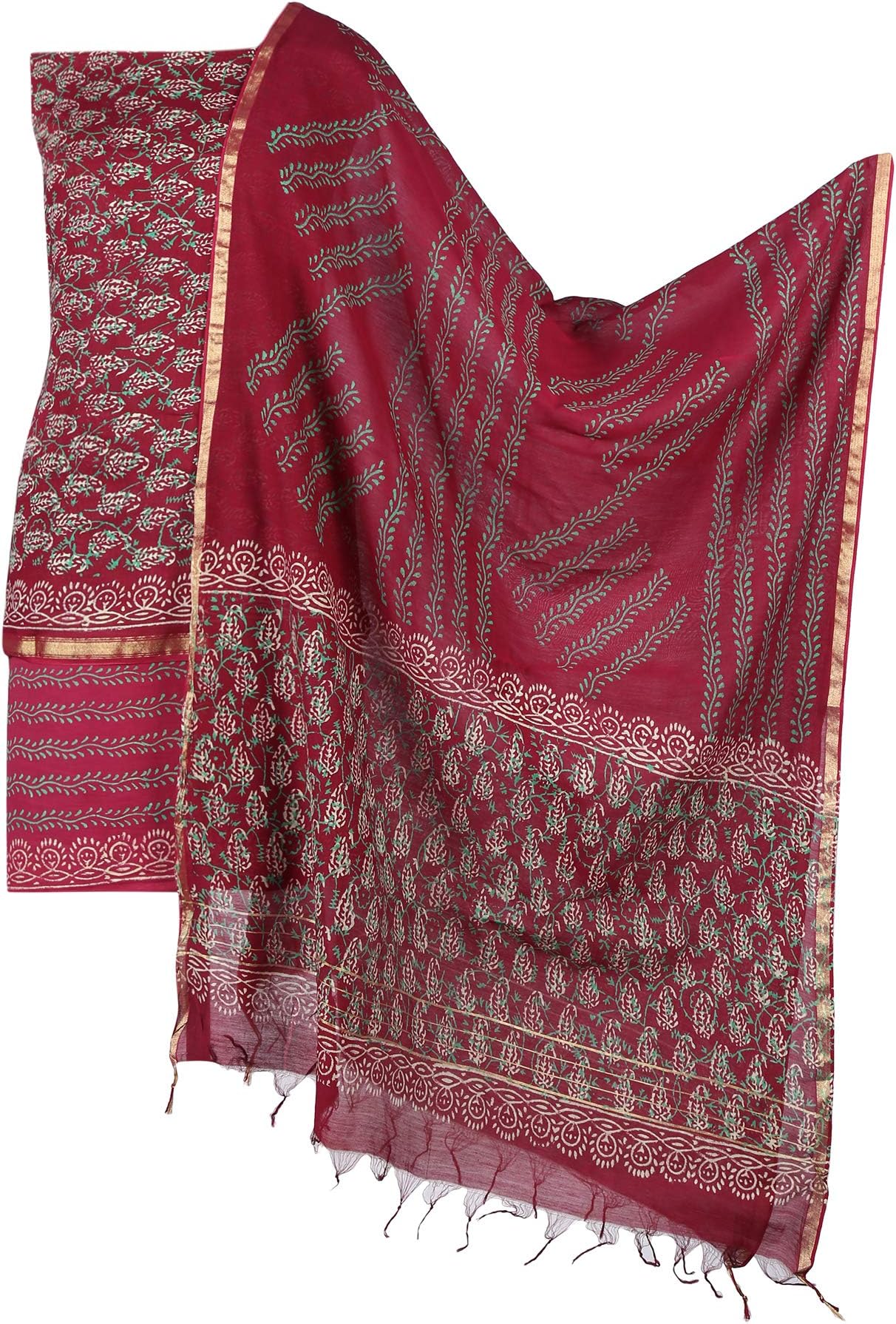 Banhi Women's Pure Chanderi Rajasthani Hand Work Block Print Unstitched Dress Material - Maroon running