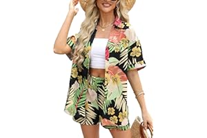 KIDDAD Women's Summer 2 Piece Vacation Outfits Tropical Printed Short Sleeve Hawaiian Shirt and Shorts