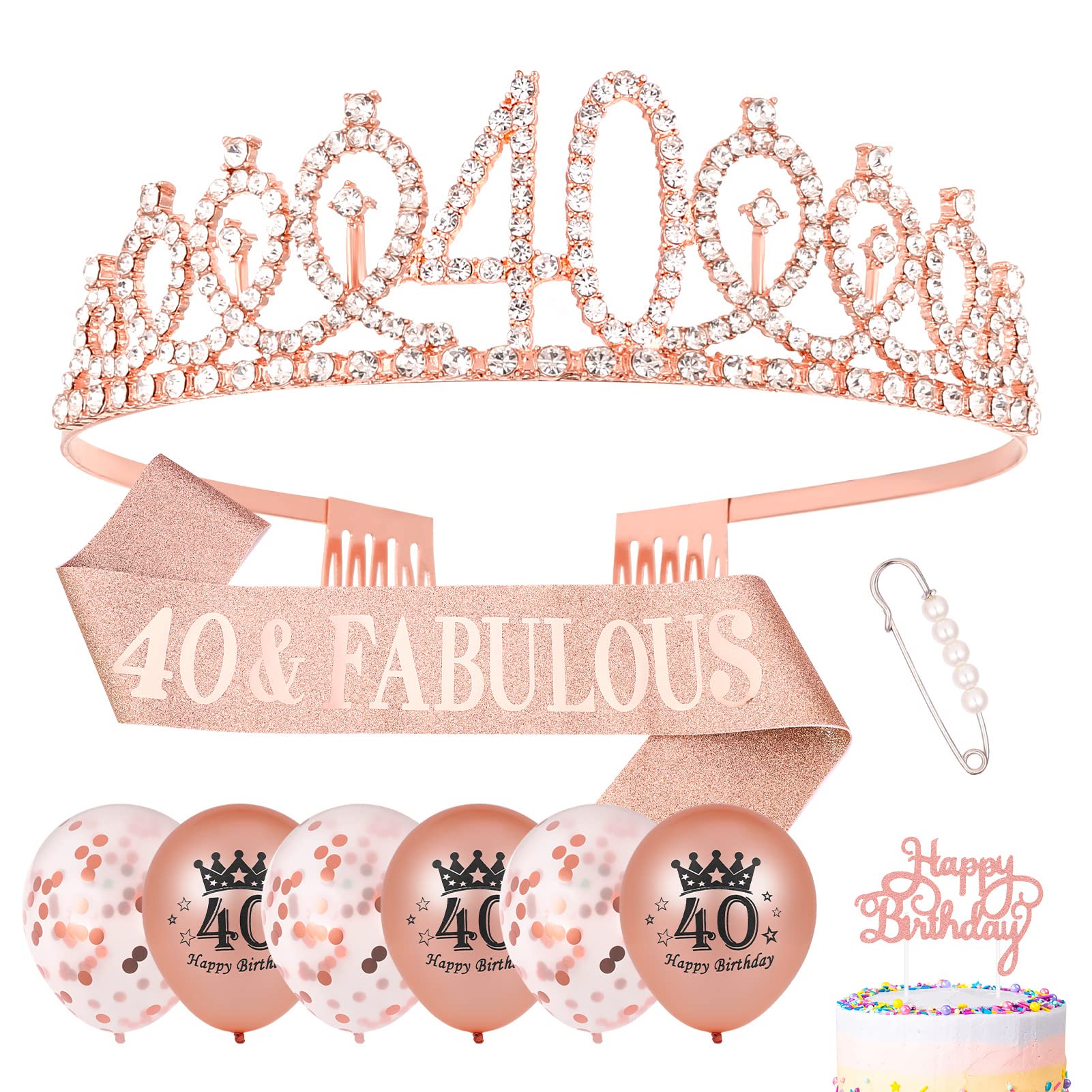 Heyu-Lotus 40th Birthday Sash and Tiara Rose Gold 40 & Fabulous Sash Rhinestone Crown Cake Topper Balloons for Women 40th Birthday Gifts Party Decorations Supplies