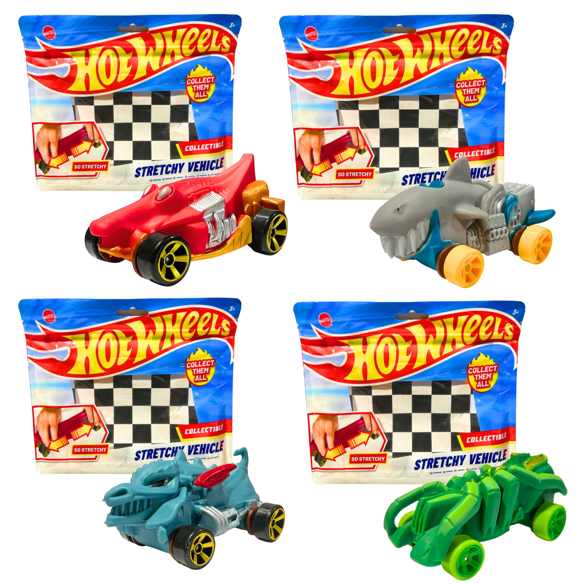 Hot Wheels Stretchy Sensory 5" 12cm Vehicles - Complete Set of All 4 BMBB Exclusive Cars - Croc Rod, Sharkruiser, Dragon Blaster & Speed Spider