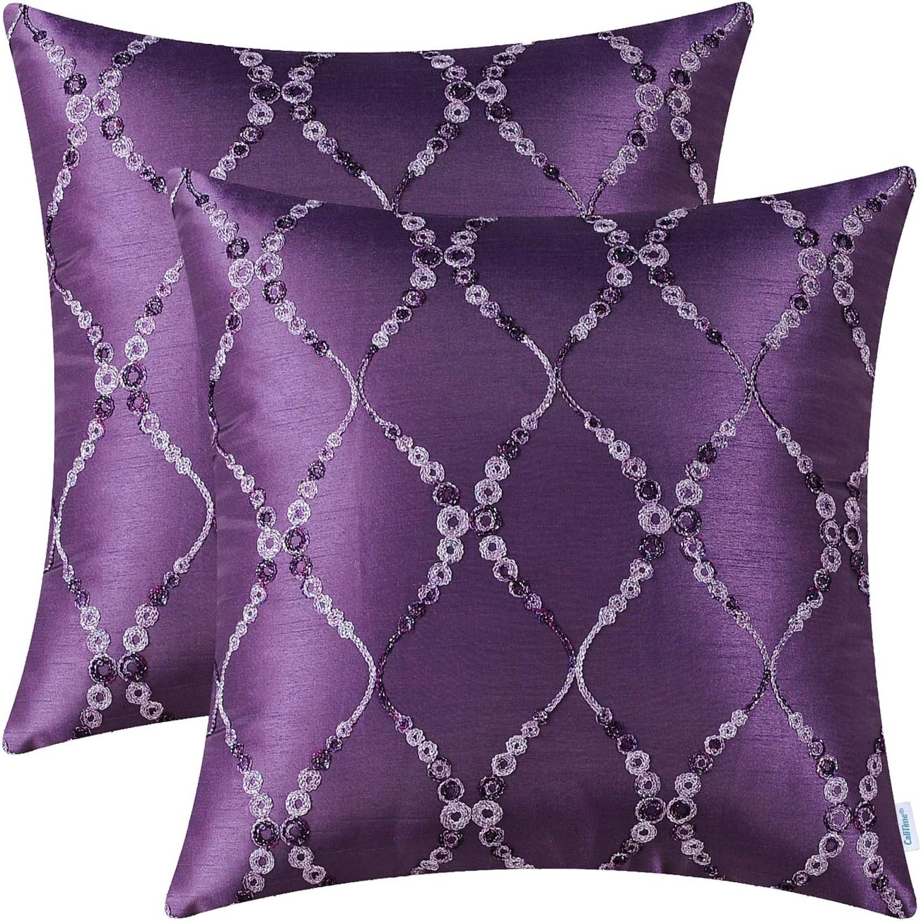 CaliTime Pack of 2 Cushion Covers Throw Pillow Cases Shells for Sofa Couch Home Decoration Modern Gradient Rings Waves Lines Geometric Chain Embroidered 18 X 18 Inches Purple