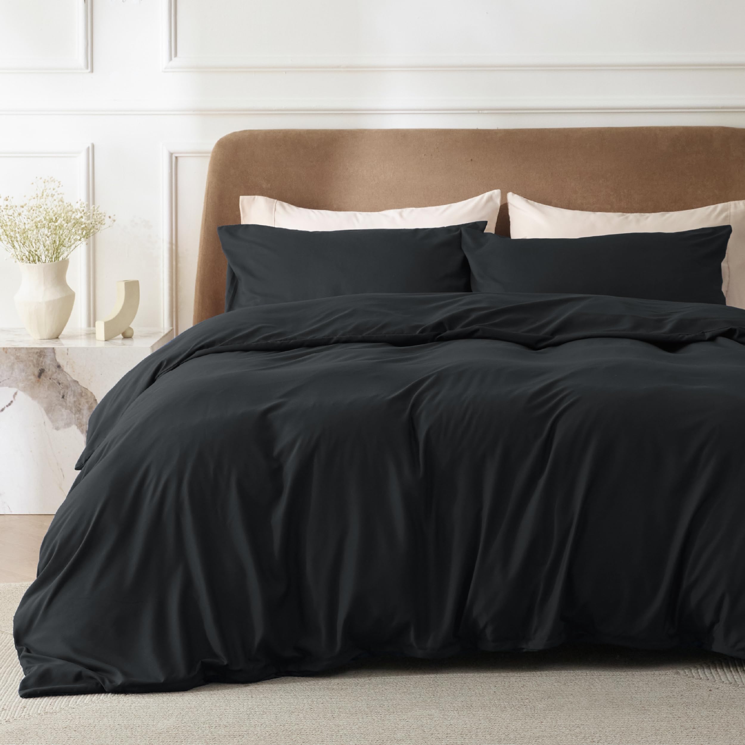 Bedsure 260x220cm Duvet Cover Set - Superking Brushed Microfiber Bed Cover Set with Zipper Closure, Black Quilt Bedding Cover with 2 Pillowcases, Black