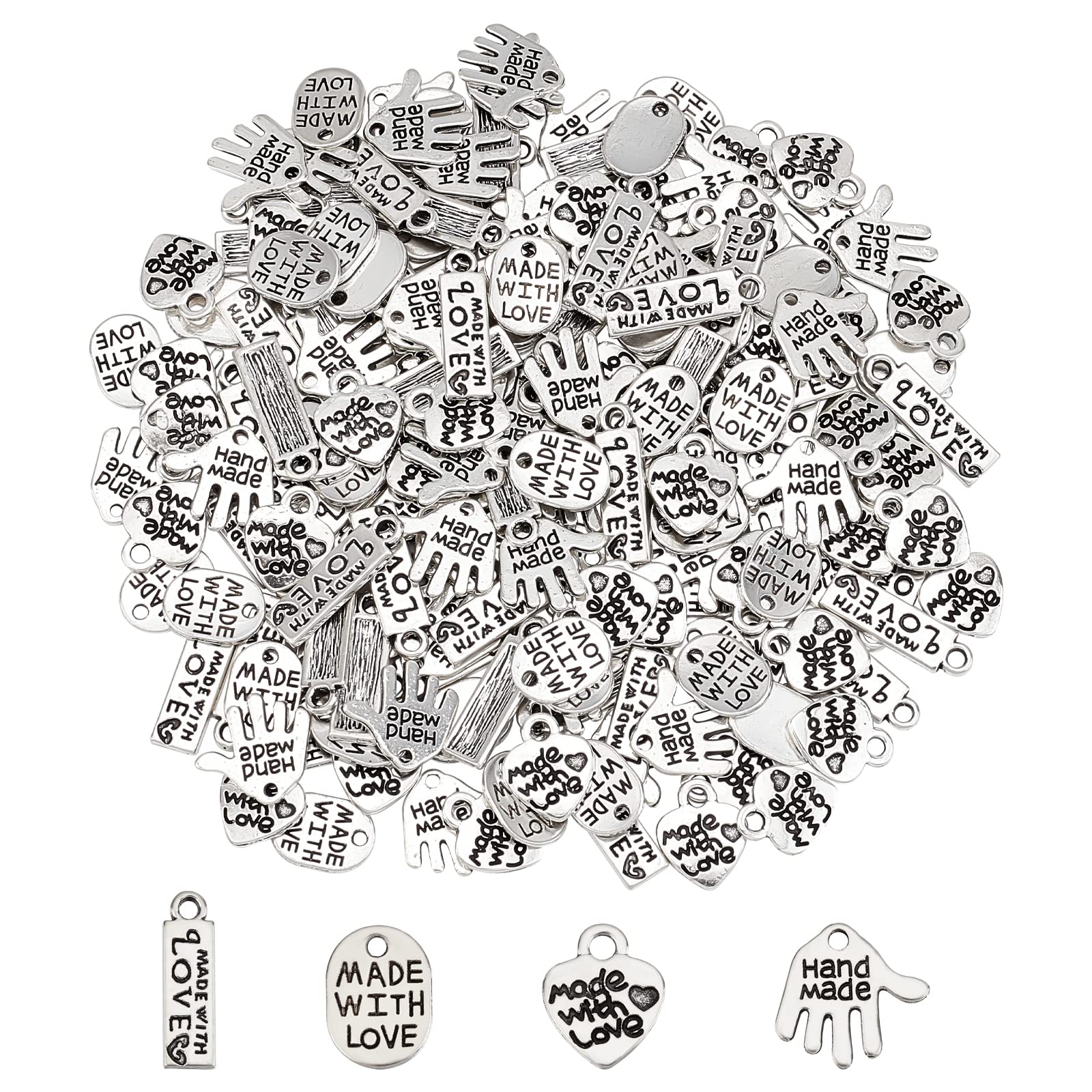 FINGERINSPIRE 200Pcs 4 Shapes Alloy Word Charms Pendants Handmade Made with Love Charms Oval/Heart/Rectangle/Hand Shapes Charms Pendants Jewelry Making Accessory for DIY Necklaces Bracelets Key Chains