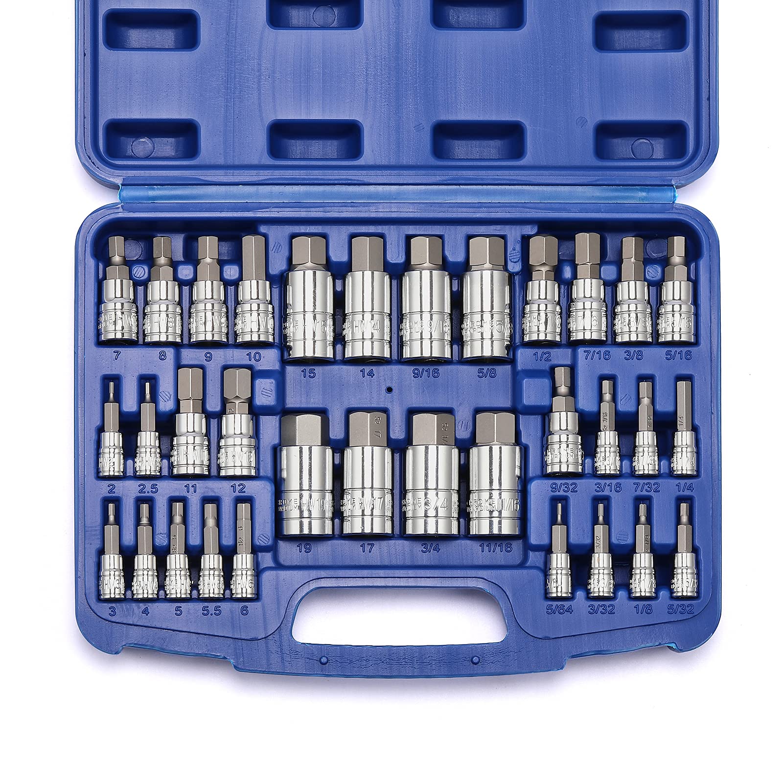 CASOMAN 32 Piece Master Hex Bit Socket Set, S2 Steel, SAE & Metric, Allen Socket Bit, 5/64”-3/4”, 2mm-19mm, Chrome Finish