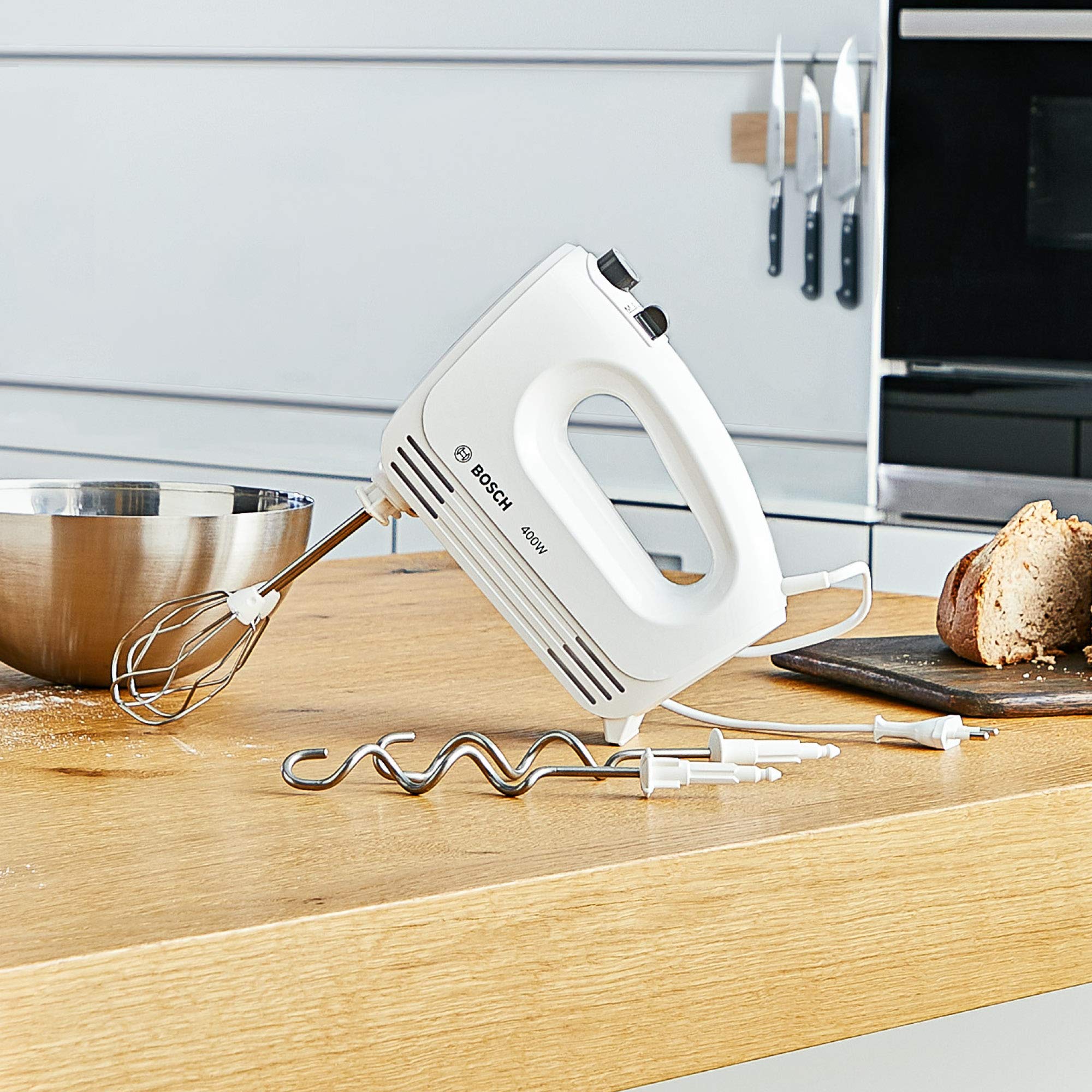 Bosch Handrührgerät, 2 Rührbesen, 2 Knethaken, Edelstahl, spülmaschinenfest, 4 Stufen, Turbostufe, leicht, leise, 400 W, weiß, CleverMixx MFQ24200 3