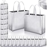 Epakh 48 Pcs Reusable Gift Bag with Handle Reusable Gold Grocery Tote Gift Bag Bulk Non Woven Glossy Bridesmaid Tote for Wedding Christmas Baby Shower Birthday Party(Silver)