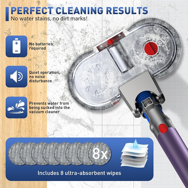 Testa di Mocio Elettrico per Aspirapolvere Dyson V7 V8 V10 V11 V15 Spazzola Lavapavimenti per Dyson con Serbatoio Rimovibile, Contenitore di Riempimento e 8 Panni Lavabili