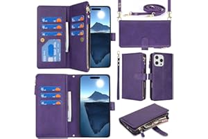 Jaorty Fit for iPhone 16 Pro 5G Phone Case Wallet for Women with Strap,Crossbody Shoulder Lanyard Wallet Case for iPhone 16 Pro with Card Holder,Zipper Pocket PU Leather Phone Case,6.3" Purple