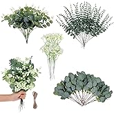 Kusamue 100 Pcs 4 Kinds Artificial Eucalyptus Stems, Mixed Faux Greenery Stems Fake Silver Dollar Eucalyptus Leaves Stems Bulk Babys Breath for DIY Bouquet Centerpieces…