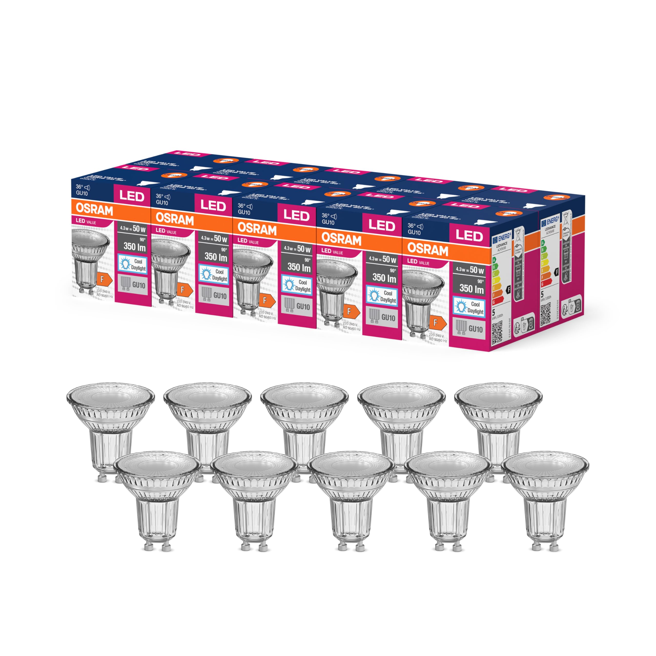 OSRAM Led Star Value Par16 Led Lamp for Gu10 Socket, Reflector Lamp, Gl, 350 Lumens, Daylight White (6500K), Replacement for Conventional 50W Light Bulbs, Not Dimmable, 10-Pack โ image 1
