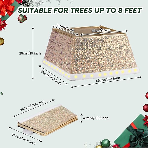 27 INCH SQUARE CHRISTMAS TREE SKIRT WITH LED LIGHTS – SPARKLING GLITTER FABRIC,BATTERY POWERED FOLDABLE SKIRT FOR CHRISTMAS HALLOWEEN HOLIDAY DECORATIONS TREES WITH A HEIGHT LESS THAN 8 FT