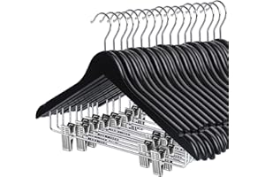 HOUISM HOUSM Wooden Suit & Skirt Hangers with Heavy-Duty Clips, Premium Solid Wood Pants Hangers, Smooth Finish - Black, 16Pack for Coats, Jeans, Blouses