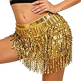 Women Sequin Tassel Skirt Glitter Sparkly Fringe Belly Dance Hip Scarf Skirts Metallic Rave Party