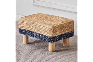 Cpintltr Foot Stool Ottoman Rectangular Footrest Pouf Ottomans Natural Seagrass Footstool with Wooden Legs Hand Weave Step Stool for Living Room Bedroom Entryway Blue