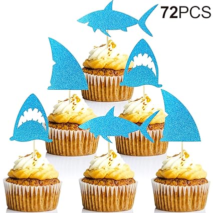 72 Pieces Glitter Shark Cupcake Toppers Birthday Cake Picks Shark