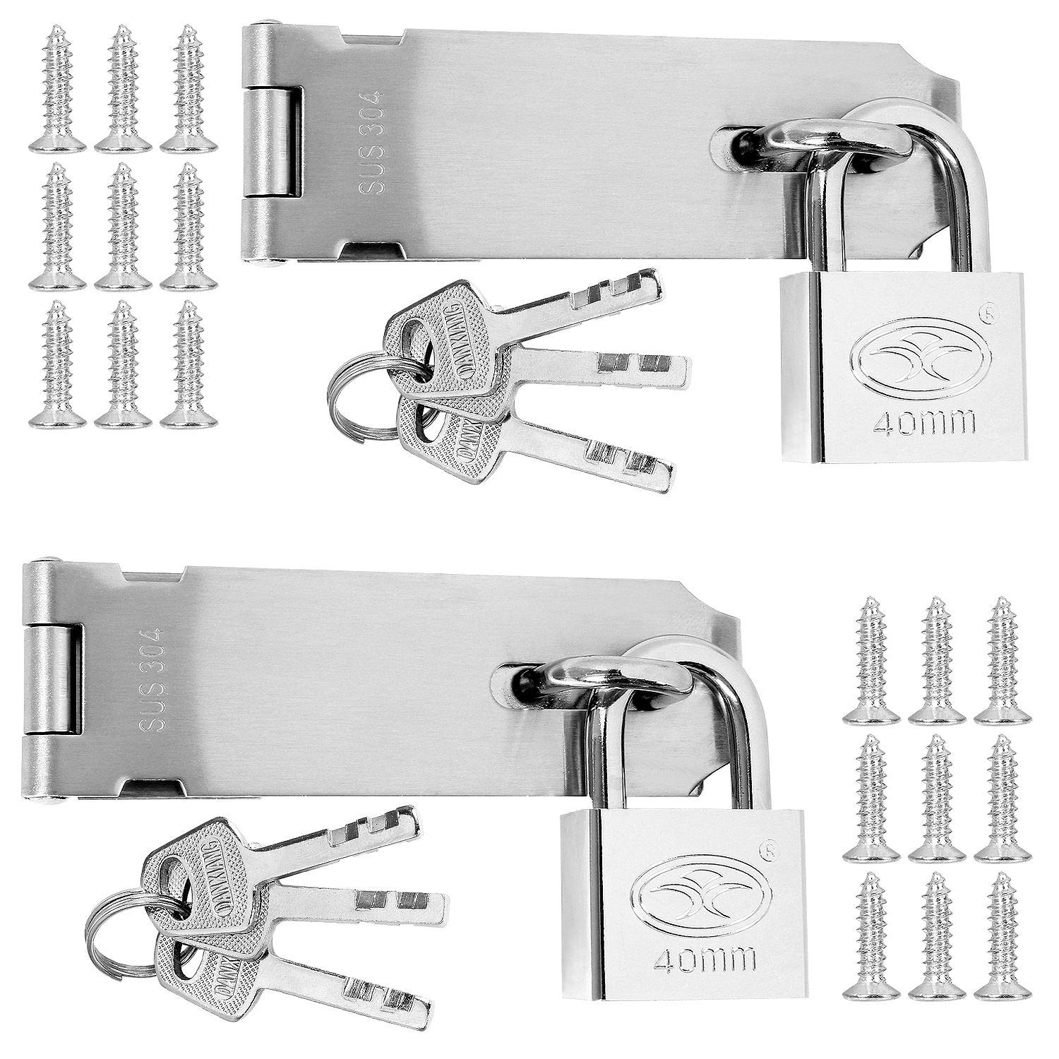 AHUNTTER 2 Pack Shed Locks and Latches with Key Heavy Duty Stainless Steel Padlock Hasp and Staple with Screws 5 Inch Door Clasp Gate Lock for Door Window Cabinet Pet Cage Crate Fitting Accessories