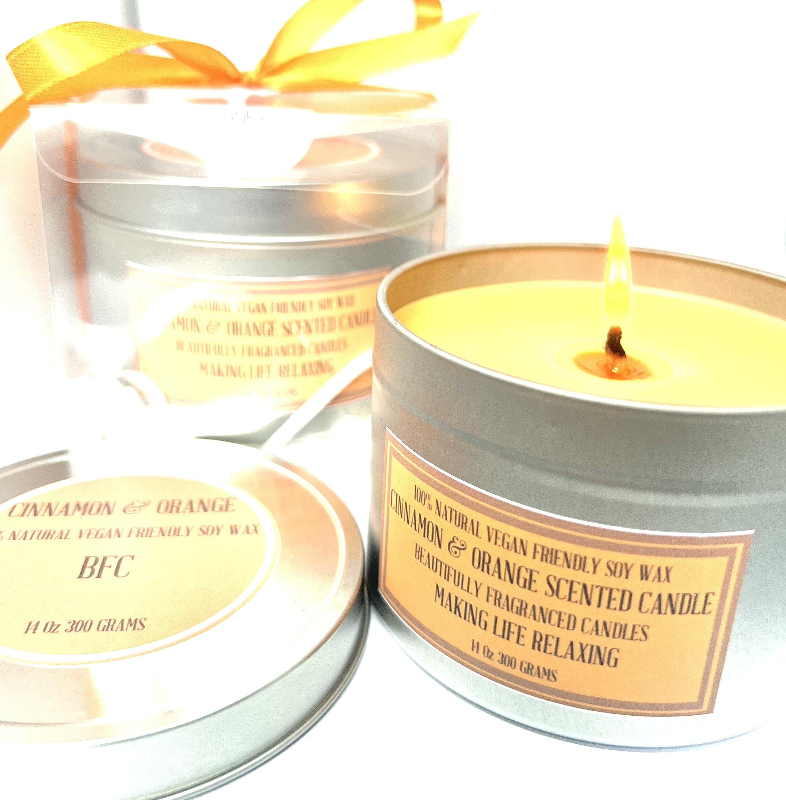 Cinnamon & Orange Scented Soy Wax Candle - Handmade BFC - Cinnamon & Orange Scented 52 Hours Burn Time14 Oz 300 Grams Soy Wax Candle Silver Brush Finish Tin. Scented Fragranced Candle.