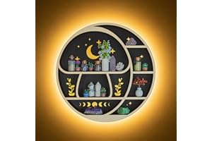 FNYDOX Circle Mushroom on The Moon Wall Shelf with LED Light, Wooden Trinket Knick Knack Shelf, Mushroom & Moon Decor Crystal Display Shelf for Rocks Gems Healing Stones, Cute Crystal Holder Organizer