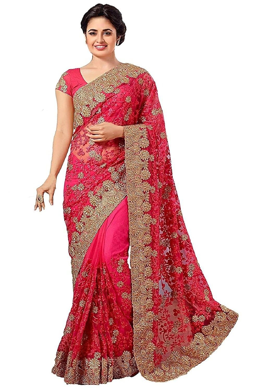 sareeshop net saree with blouse piece (zoharipink-sareeshop15_pink_free size)
