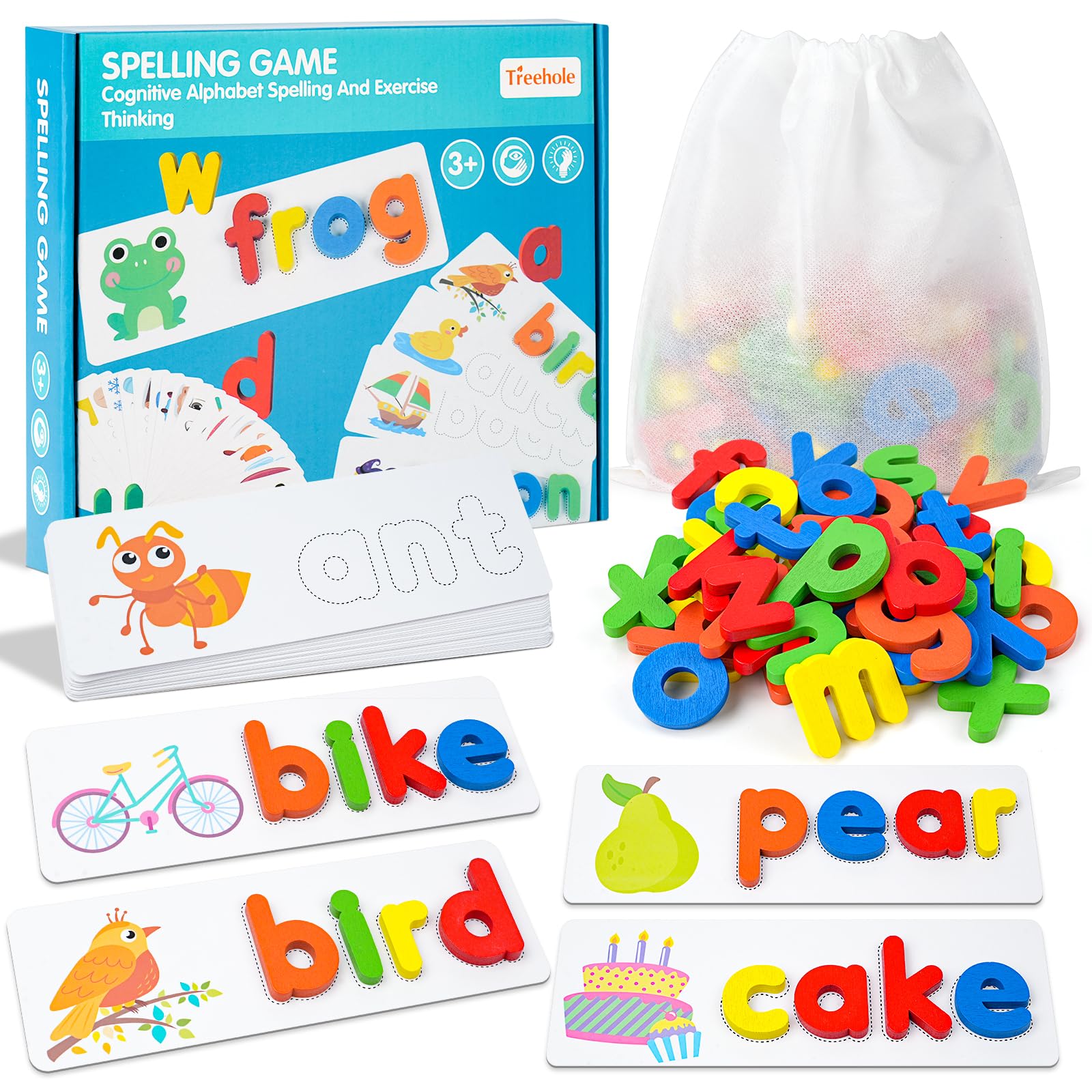 HOTUT Spelling Games for Kids, Phonics Games and Spelling Games with 28 Double-Sided Word Pattern Cognition Cards&52 Wooden Letter Blocks, Wooden Alphabet Puzzle Toys Set for Girls Boys Age 2 3 4 5 6