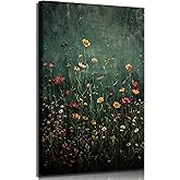 TUTENG Vintage Wildflower Canvas Wall Art Moody Dark Green Flower Botanical Paintings Pictures Wall Decor Nature Floral Farmhouse Landscape Poster Printing for Bedroom Living Room Home Decoration