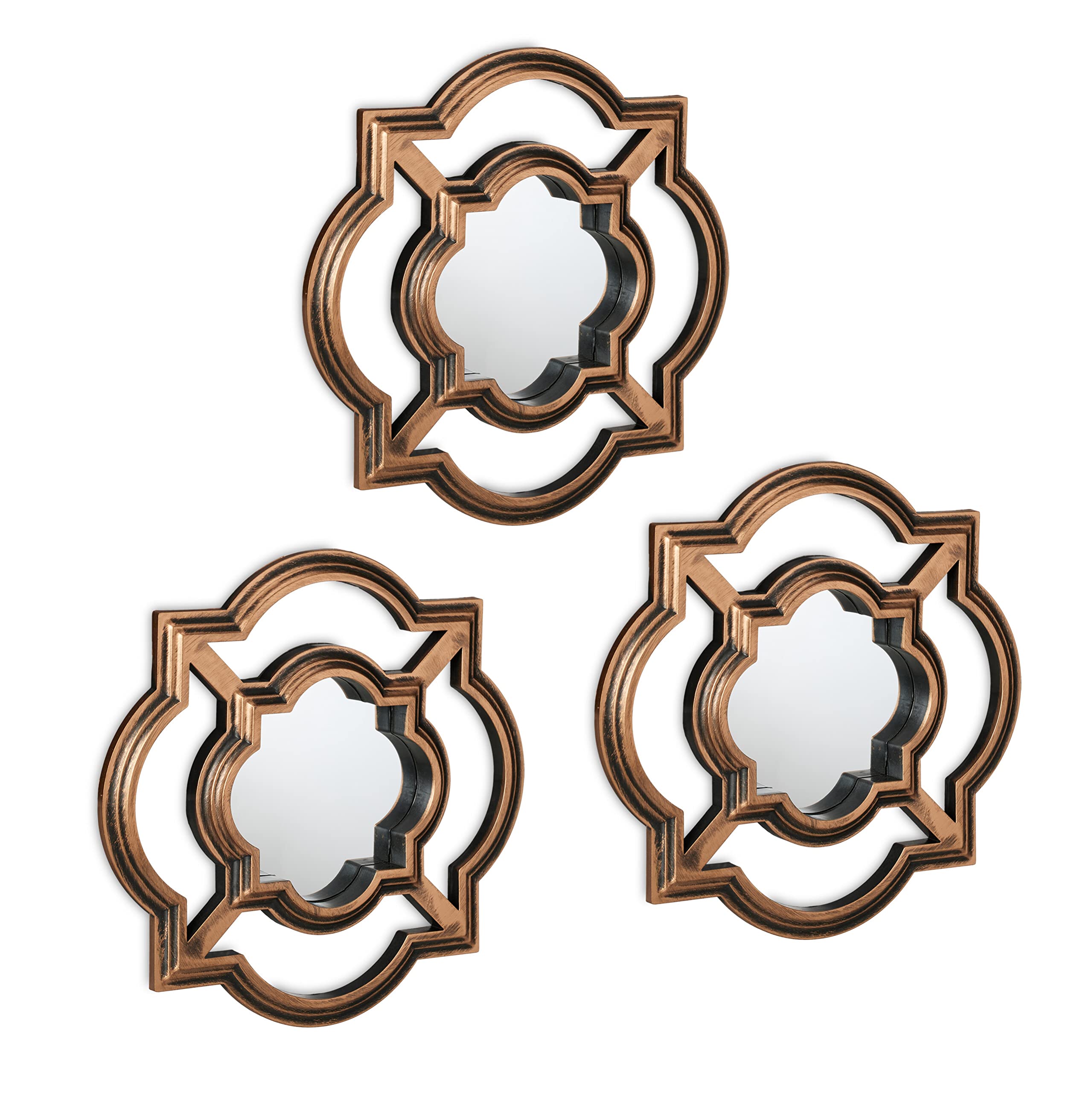 Relaxdays Set of 3 Mirrors, 25.5 x 25.5 cm, Wall Mounted, Plastic Frame, Vintage Style, Bedroom & Hallway, Gold/Black, Glass, 25.5 cm