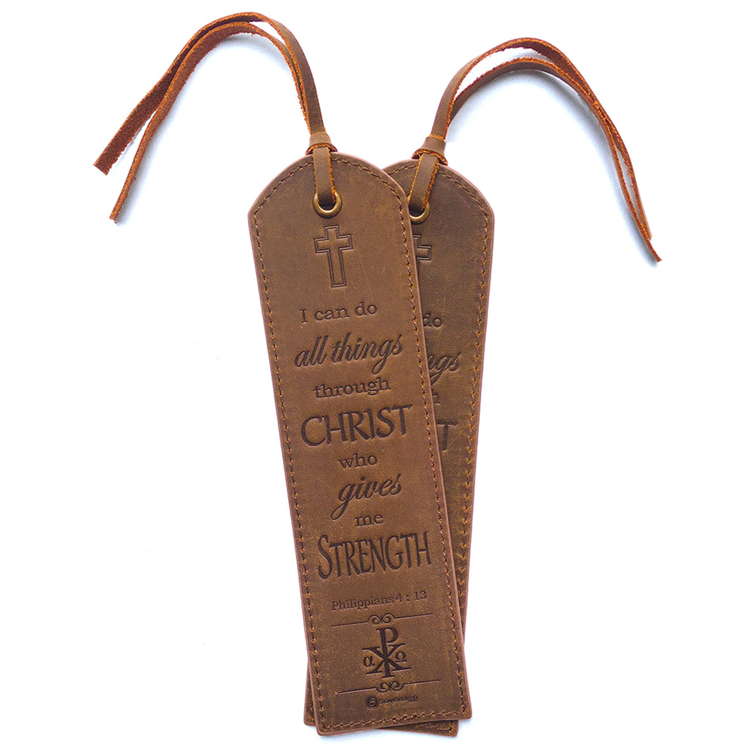 Leather Bible Bookmarks - 2 Leather Christian Bookmarks with Inspirational Bible Verse | Philippians 4: 13 I Can Do All Things Through Christ | Religious Book Marker Gifts for Men, Women and Readers