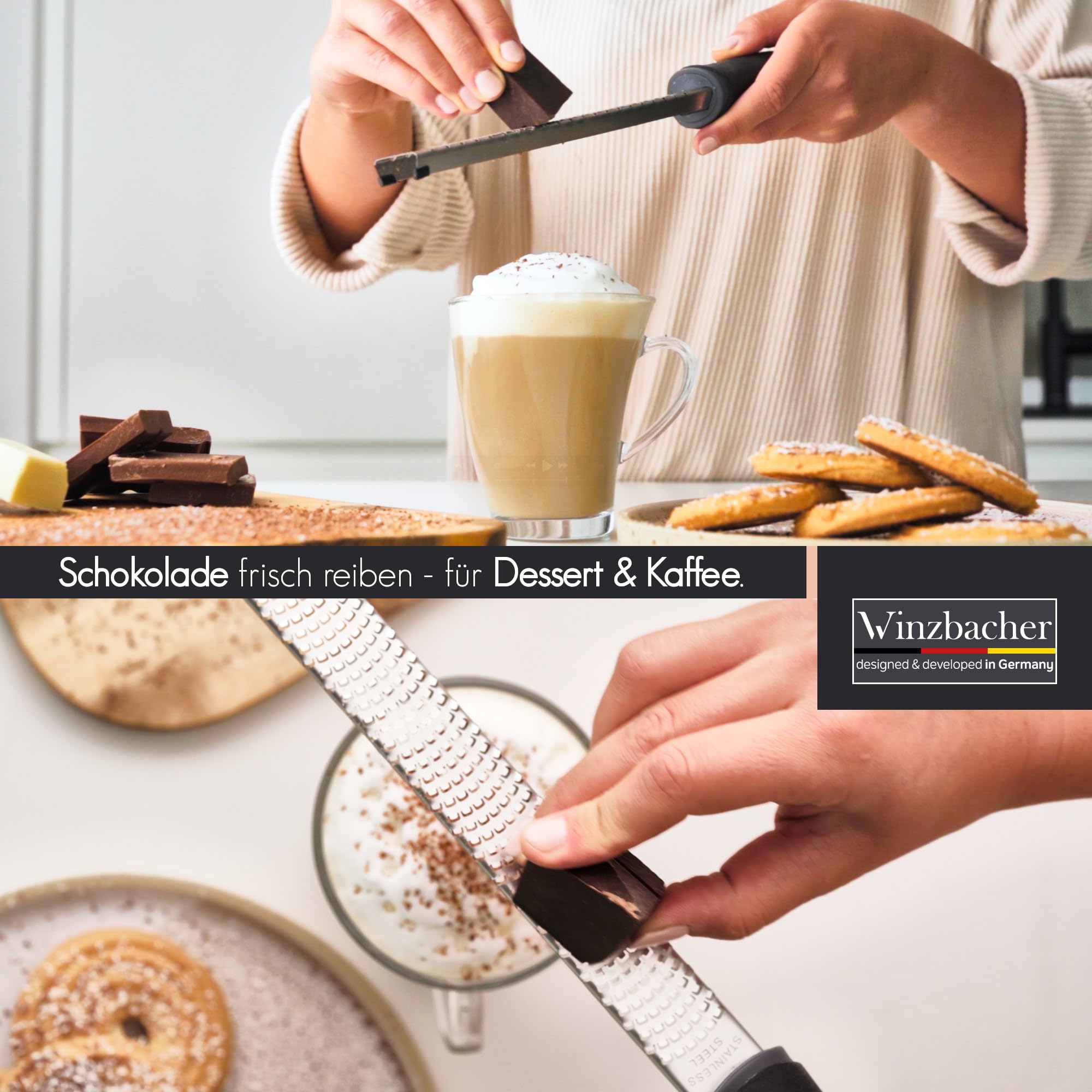 Winzbacher - Premium Zester Reibe I Parmesanreibe, Zitronenreibe, Muskatnuss Reibe, Ingwerreibe u.v.m. I rasiermesserscharfe Edelstahl Klinge I Spülmaschinenfest I inkl. Schụtz & Reinigungsbürste 7