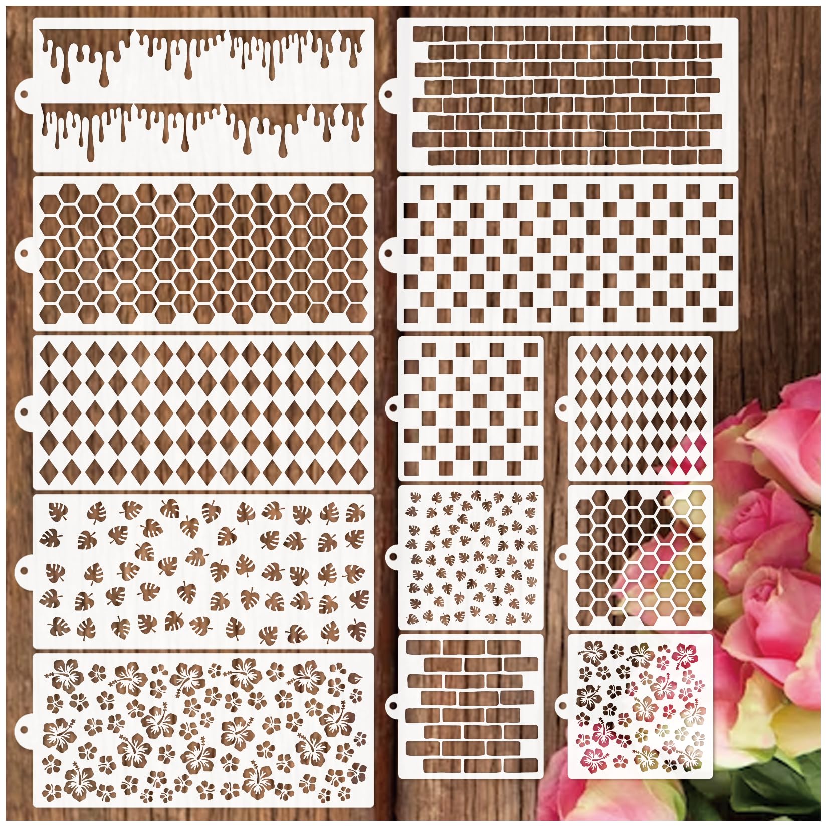 Palm Leaf Honeycomb Stencils for Painting on Cookie Cake Baking Wood Crafts Reusable Brick Check Hibiscus Flower Stencil Art Paint on Canvas Paint Stencils for Card Making Fabric Shirt (13 Cake)