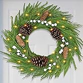 24 Inch Christmas Wreath with Lights Real Touch Norfolk Pine Wreath Outdoor Christmas Wreaths Christmas Wreaths for Front Door with Pine Cones White Berries Indoor Xmas Thanksgiving Decorations