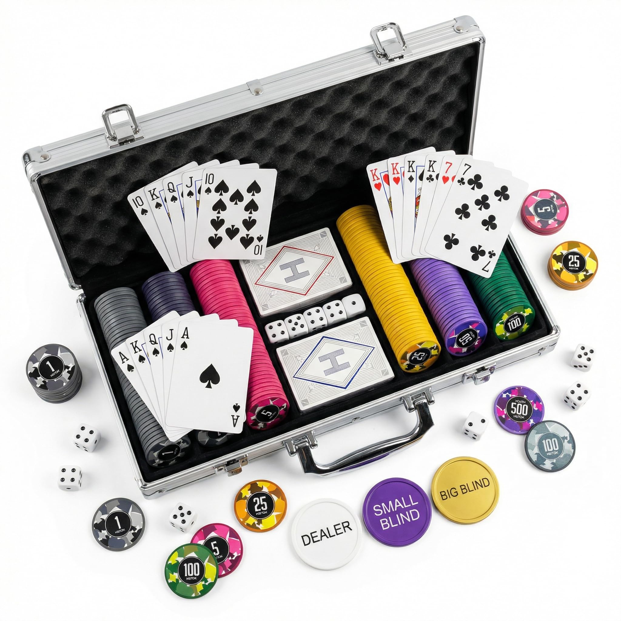 HEITOK 300 Piece Poker Chip Set 11.5g Numbered Heavyweight Chips With Aluminium Case Metal Dealer Button 2 Decks Cards 5 Dice For Texas Holdem Blackjack Adult Casino Night — image 1