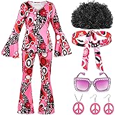 Shihanee 7 Pcs Women 70s Hippie Costume Accessories Disco Outfits Earring Necklace Headband Wig Glasses