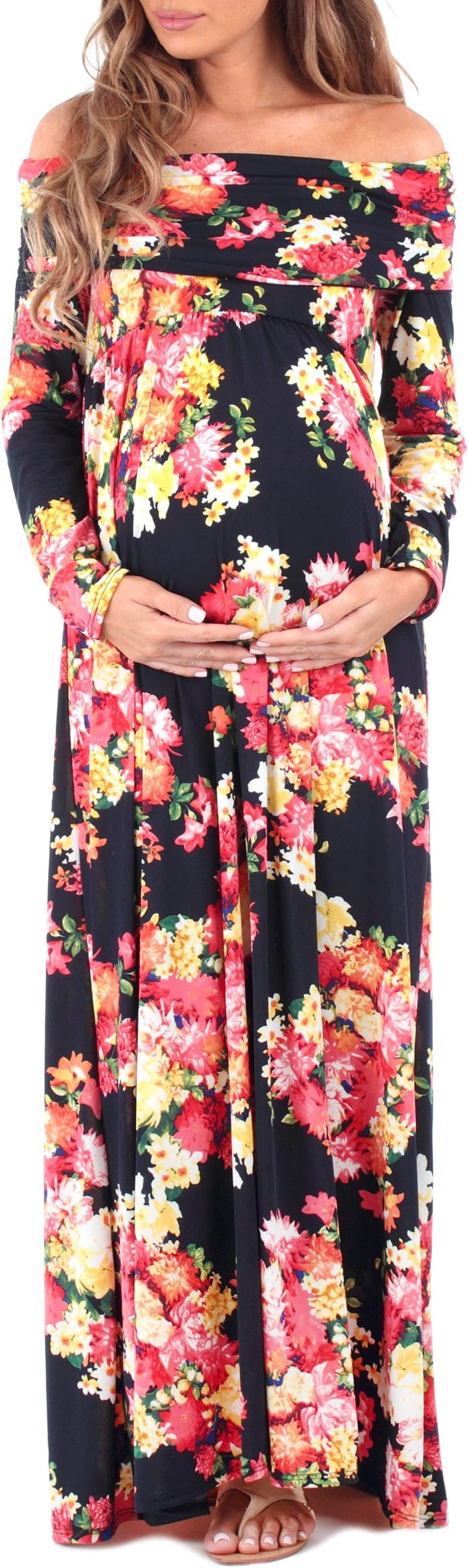 Mother Bee Women's Floral Over The Shoulder Ruched Maternity and Nursing Dress Made in USA
