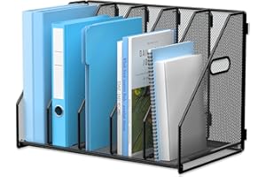 MINDEPOT Desk File Organizer Metal Desk Magazine Folder Holder with 5 Vertical Compartments Rack File Organizer for Office, Home, School, Black