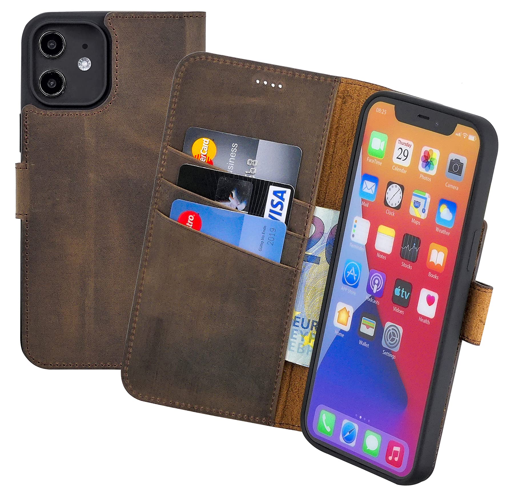 Suncase Book-style case compatible with iPhone 12 (6.1 inch) leather case (slim fit) leather mobile phone case protective case with 3 card slots in antique brown