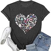 Teacher Shirt Women Teaching T-Shirt Funny Heart Graphic Tee Top Cute Kindergarten Teachers T-Shirt