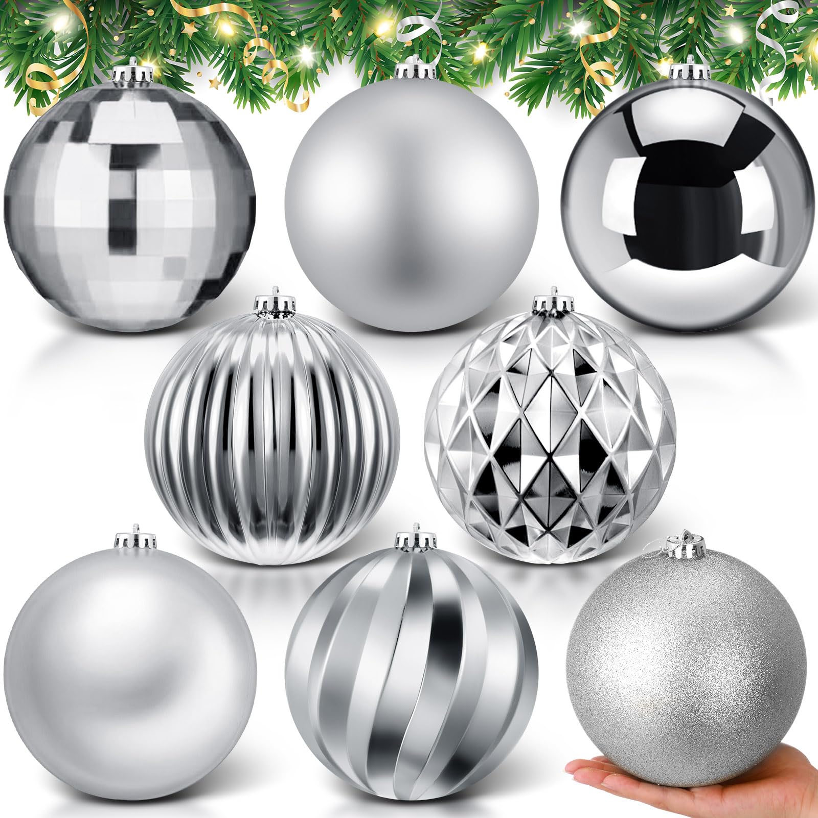 Photo 1 of Zubebe 8 Pcs 6"(150 Mm) Large Christmas Balls Ornaments 8 Styles Giant Plastic Christmas Balls Oversized Huge Big Hanging Outdoor Ornaments for Holiday Party Xmas Tree Decor(Silver)
