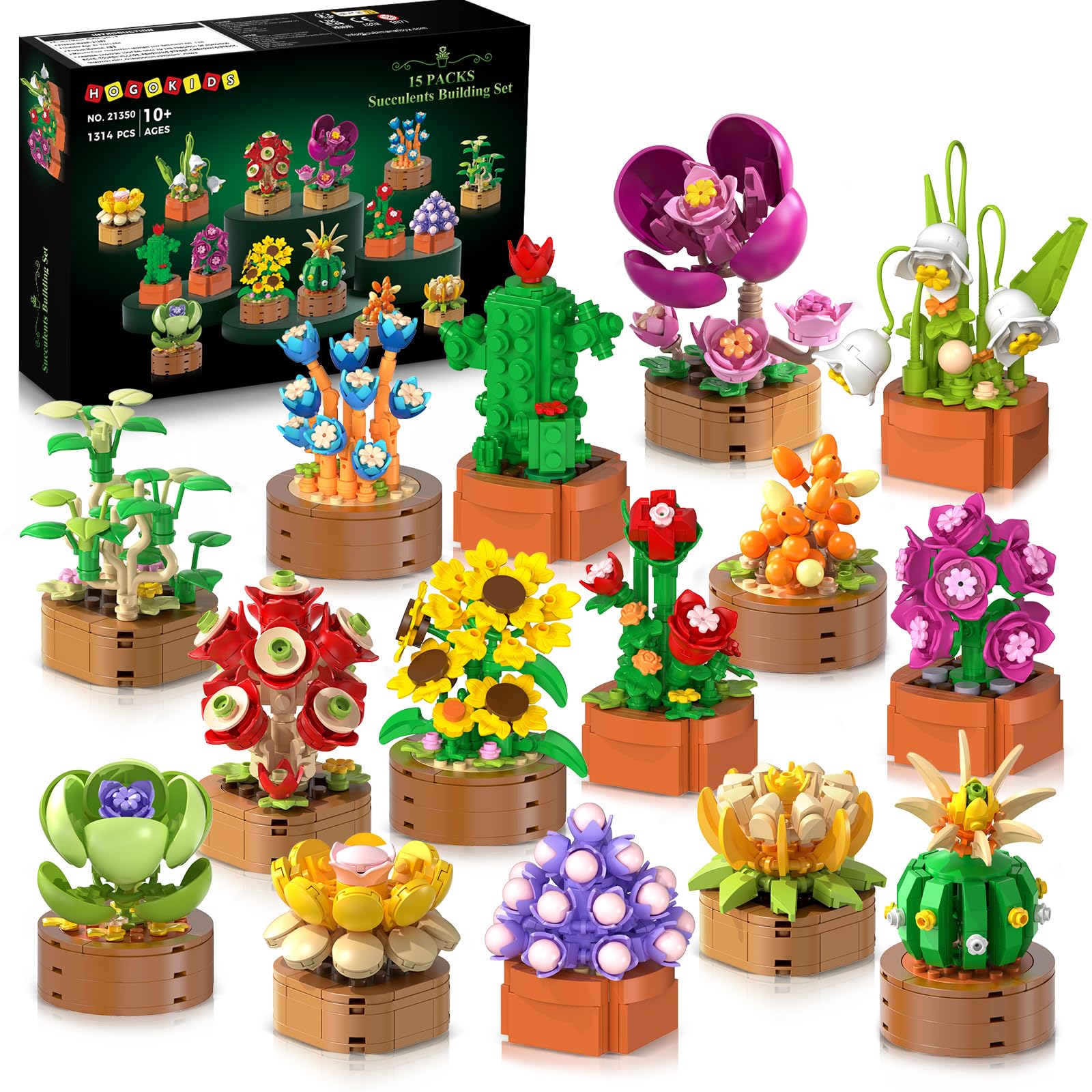 HOGOKIDS 15 Pack Flowers Succulents Mini Building Set for Adults Kids - 1314PCS Flower Plant Botanical Collection 3.6MM Bricks Toys, Home Office Décor Easter Gifts for Women Boys Girls Age 6+