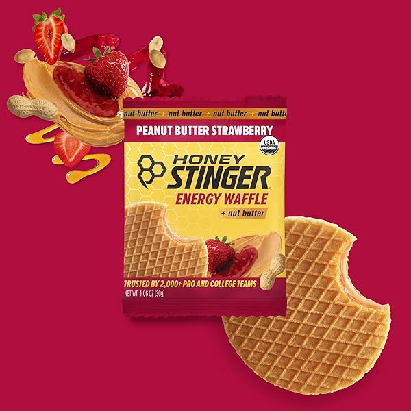 HONEY STINGER ORGANIC PEANUT BUTTER STRAWBERRY WAFFLE, ENERGY STROOPWAFEL FOR EXERCISE, ENDURANCE AND PERFORMANCE, SPORTS NUTRITION FOR HOME & GYM, PRE & DURING WORKOUT, 16.96 OUNCES (PACK OF 16)
